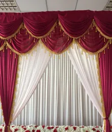 White Ice Silk Backdrop Curtain 10ft x 10ft And Wine Red Swag Drapes With Gold Tassels For Wedding Birthday Party Decoration8289577