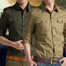 Военный стиль мужской молодежь с длинными рукавами стройная подгонка рубашка для рабочей одежды, бейдж для наплета с чистым хлопком, рубашка с несколькими мешками, рубашка