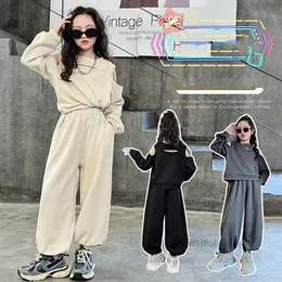 2024 Spring old kids sports clothes sets big girls dew shoulder sweatshirt loose pants 2pcs fashion teenagers casual outfits Z6609