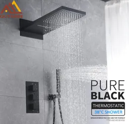 Black Thermostatic Shower Faucets Set Rain Waterfall Shower Head With 3way Thermostatic Mixer Tap Bath Shower Faucet1412310