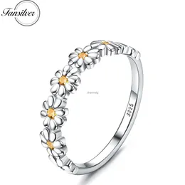 Cluster Rings Fansilver 925 Sterling Silver Daisy Ring for Women Girls 18K Gold Plated Flower Colorful Cubic Zirconia Statement Wedding Ring YQ240109