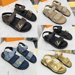 Tasarımcı Sandalet Sunset Comfort Kadın Ayakkabı Düz ​​Deri Terlik Ayarlanmış Kayışlar Kauçuk Sandal Toka Tuval Terlik Yaz Plajı Slaytları Kutu 35-42