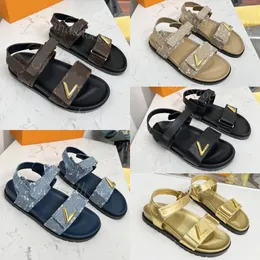 Designer-Sandalen Sunset Comfort Damenschuhe, flache Lederpantoffeln, angepasste Riemen, Gummi-Sandale, Schnalle, Segeltuch-Slipper, Sommer-Strand-Slides mit Box, 35–42