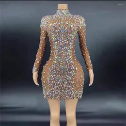 Palco desgaste marrom brilhante strass cristal sexy bainha vestido para mulheres noite festa roupas cantor executar traje aniversário veste