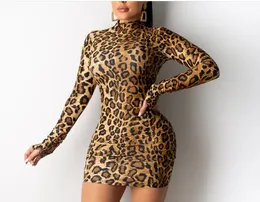 Manga comprida gola alta leopardo impressão sexy mini vestido apertado outono inverno mulheres moda roupas S-XXL 240104