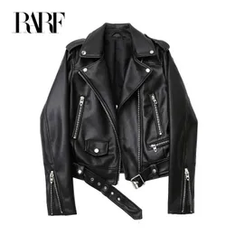 RARF Spring and Autumn faux leather PU jacket with belt women's lapel motorcycle jacket black zip biker jacket 240108