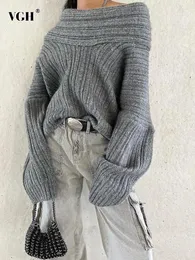 女性用セーターvgh女性のための頑丈なカジュアルルーズニット対角襟長袖の気質プルオーバーセーター女性ファッション