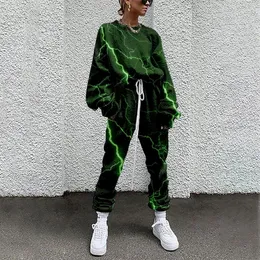 Calças femininas de duas peças Sojinm 2024 Mulheres Tracksuit Suéter Reto Sweatpants Verde Impresso 2 Outfit Matching Fitness Sporty Plusize