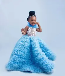 Feahter 2024 Girl Pageant Dress Dress Foreddy Light Light Sky Blue Kids Ruffles Party Birthday Gowns for Photoshoot