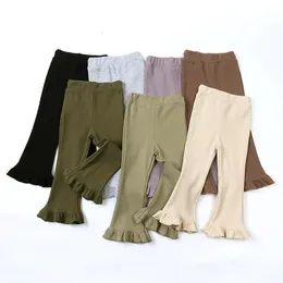 Детские штаны для девочек, однотонные эластичные леггинсы, хлопковые брюки с рюшами для детей от 1 до 8 лет, детские штаны с расклешенными брюками для маленьких девочек 240108
