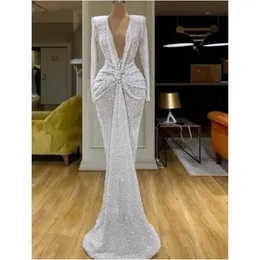 Brilhante vintage profundo decote em v branco vestidos de noite alta costura sereia mangas compridas formal árabe vestidos de noite dubai kaftans vestido de festa