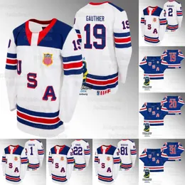 USA Hockey 2024 IIHF World Junior Champions White Blue Jersey 19 Cutter Gauthier 4gavin Brindley 1Trey Augustine 2rutger McGroarty 9ry Leonard 81jimmy Snuggerud