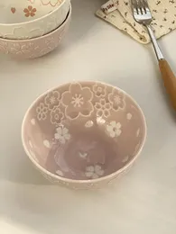 Tigelas estilo japonês e belo vento ins flor de cerejeira isolamento esmalte cerâmica café da manhã lanche tigela de arroz