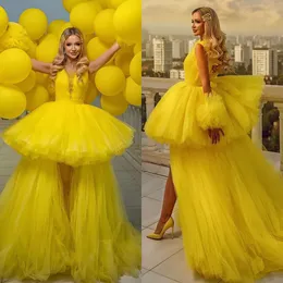 黄色のウエディングドレスティアードフリルビーズvネックAラインイブニングドレス