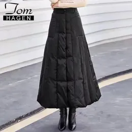 Зимняя женская хлопковая пуховая юбка с высокой талией, повседневная длинная юбка для женщин, толстые теплые женские черные юбки с подкладкой 240109