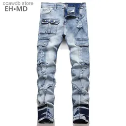 Jeans masculinos EHMD bolso grande botão duplo jeans calças de painel masculino desgastado buracos 3d algodão zíper ajuste elástico high street macio juventude gradiente t240109