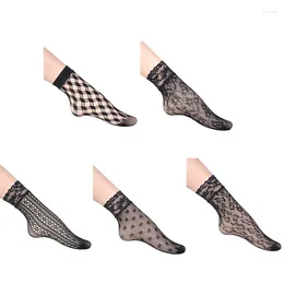 Chaussettes en dentelle noire pour femmes, 1 paire, résille, extensible, ajouré, robe, bas courts pour filles, 37JB