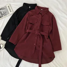 Women's Blouses Corduroy Long Sleeve Shirts Dress For Women Solid Buttons Pockets Polo Collar Coats Simple Elegant Loose Tops With Belt