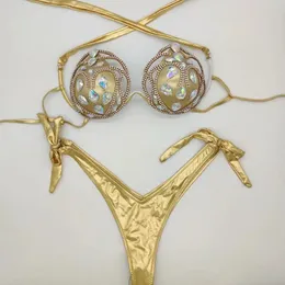 Diamond Hollow Out Bikini Set Rhinestone Seksi Kadın Mayo Push Up Bathing Suit Beachwear Beach Mysuits 240108