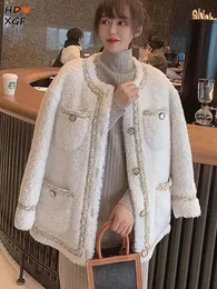 Elegant Thickening Plus Velvet Size Tweed Jackets For Women Winter Oneck Single Breasted Coats Temperament Loose Outerwear 240109