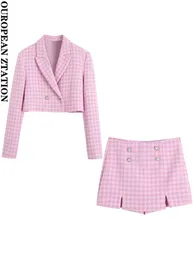 PAILETE Moda feminina com botões enfeitados tweed houndstooth cropped blazer casaco ou shorts de cintura alta saias 240109