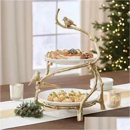 Dekorativa plattor Creative European Tray Golden Oak Branch Cake Stand Wedding Party Dessert Table Candy Fruit Plate Display Decorati DHD1A
