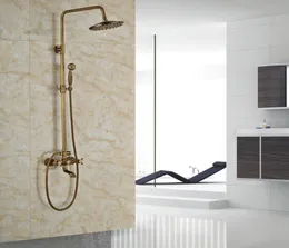 Wall Mount Rainfall Bath Shower Mixer Taps Brass Antique Bathroom Shower Set Column Dual Handle Shower Faucet 360 Rotate Spout2047689