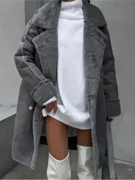 Femmes hiver fausse fourrure Chamois cuir Maxi veste col rabattu Double boutonnage en peluche pardessus femme épaissir chaud vêtements d'extérieur 240108