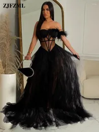 Casual Dresses Sheer Mesh See Through Cascading Ruffles Party Birthday Women Off The Shoulder Strapless Backless Cake Homecoming Dress