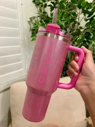 АКЦИИ В США Pink Parade Cosmo Pink Co под брендом 1:1 H2.0, стаканы из нержавеющей стали емкостью 40 унций, чашки с силиконовой ручкой, крышкой и соломой, дорожные автомобильные кружки, бутылки с водой