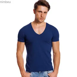 Homens camisetas Sólido V Neck Camiseta para Homens Low Cut Stretch Vee Top Tees Slim Fit Manga Curta Moda Masculina Camiseta Invisível Undershirt SummerL240110