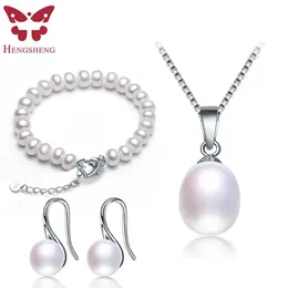 Imposta la vendita calda set di gioielli da donna in argento sterling 925, pendenti, orecchini, bracciale, perla d'acqua dolce naturale, pane a forma rotonda 2019