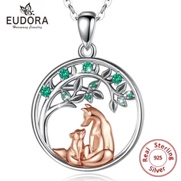 Pendants EUDORA 925 Sterling Silver Fox Mother Baby Rose Gold Color Necklace Tree of Life Green CZ Pendant Fashion Jewelry for Women Girl