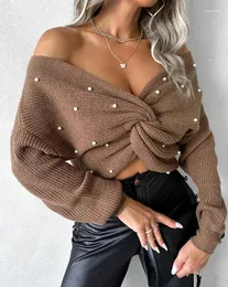 Damen T-Shirts Mode Sexy Strickpullover für Frau 2024 Herbst Winter Casual V-Ausschnitt Langarm Perlen Twisted Pendler Pullover Tops