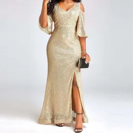 Casual klänningar Elegant av axel för kvinnor Autumn Winter Gold Sequined Formal Dress High Slit Solid Evening Party Maxi