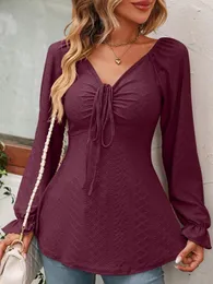 القمصان النسائية telegant women women v neck juch long long slim all ol lady antumn spring tops clother therts 2024