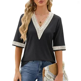 여자 T 셔츠 쿼터 쿼터 슬리브 골드 레이스 패치 워크 캐주얼 V 목 여성면 상단 긴 여성 기술 스판덱스 셔츠