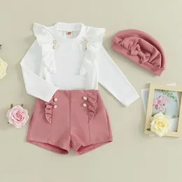 Set di abbigliamento 3 pezzi Vestiti per bambine Primavera Autunno Bianco Manica lunga Girocollo Volant Top Vita alta Pantaloncini rosa Berretto