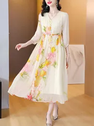 Festklänningar 2024 Summer Tunics Women Floral Casual Boho Dress Korean Fashion Midi Elegant Vestiti Donna Mini V-ringen Chiffon Prom för