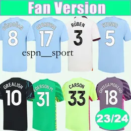 ESPNSPORT 23 24 De Bruyne Haaland Herr Soccer Jerseys Grealish Ortega Moreno Carson Bernardo Foden Home Away 3rd målvakt Fotbollsskjorta Kort vuxna uniformer