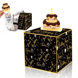 Happy Birthday Day Money Box for Cash Gift Pull Money Gift Boxes Black and Gold DIY Set Surprise Box Gift for Women Men Adult