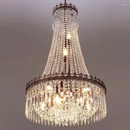 الثريات الإمبراطورية الفرنسية Crystal 9 Lights Rustic Farmhouse Chandelier High Seiling Light Tucture for Pronze Bronze Bronze