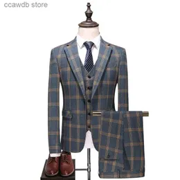 Ternos masculinos Blazers 2023Men's Plaid Three-Piece Suit Set com jaqueta, calças e colete - Traje de negócios Formal Wear Casamentos Elegante de alta qualidade T240110