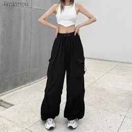 Pantalons Femme Capris Femmes Y2K Pantalon Cargo Décontracté Taille Haute Respirant Baggy Pantalon de Survêtement Kpop Jambe Large Drstring Poches Oversize Joggers Pantalon L240109