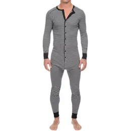 Men Underwear Pajama Skinny Striped Jumpsuit Long Sleeve O Neck Buttons Romper Sleepwear Overall Wholesale Onesies- Pajama Set 240110