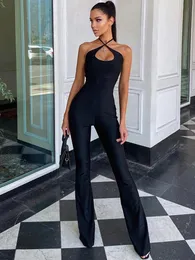 Seksowne czarne kombinezony na szyję dla kobiet bez rękawów elegancki strój lekko rozszerzone spodnie skokowe kombinezon ogólnie 240109