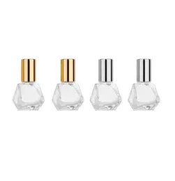 8 ml Mini Portable Polygonal Clear Glass Roller Bottle Travel Essential Oil Roll på flaska med rostfritt stål Bollguld Silver CA9896064