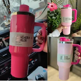 Pink Flamingo 40 Unzen Quencher H2.0 Kaffeetassen Tassen Outdoor Camping Travel Car Cup Edelstahl Tumbler Tassen mit Silikongriff Neonweiße schwarze Tassen