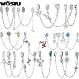 디스플레이 WOSTU Sterling Sier Amimal Safety Chain Heart Key Flower Pendant CZ Stopmer Fit Original Bracelet DIY Fine Jewelry