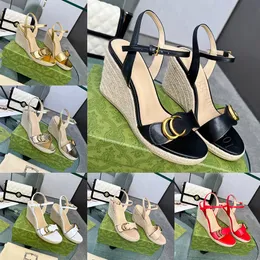 Luxus-Sandalen für Damen, Keilabsatz, gewebtes Stroh, Designer-Sandale, Slingback-High-Heels, Sommerplattform, Knöchelriemen, Partykleid-Schuhe C0110